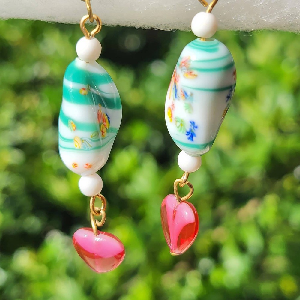 Vintage Japanese Art Glass Millefiori Earrings Green Pink Heart Dangle Drop